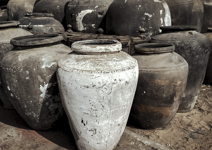 Antique and vintage, old claypots from India